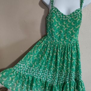 Green Floral Print Sundress Pleated Layered Ruffled Lauren Conrad SZ 6 Small